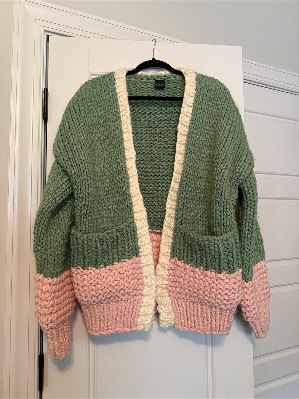 SAACHI Green, Cream & Pink Chunky Knit Cardigan